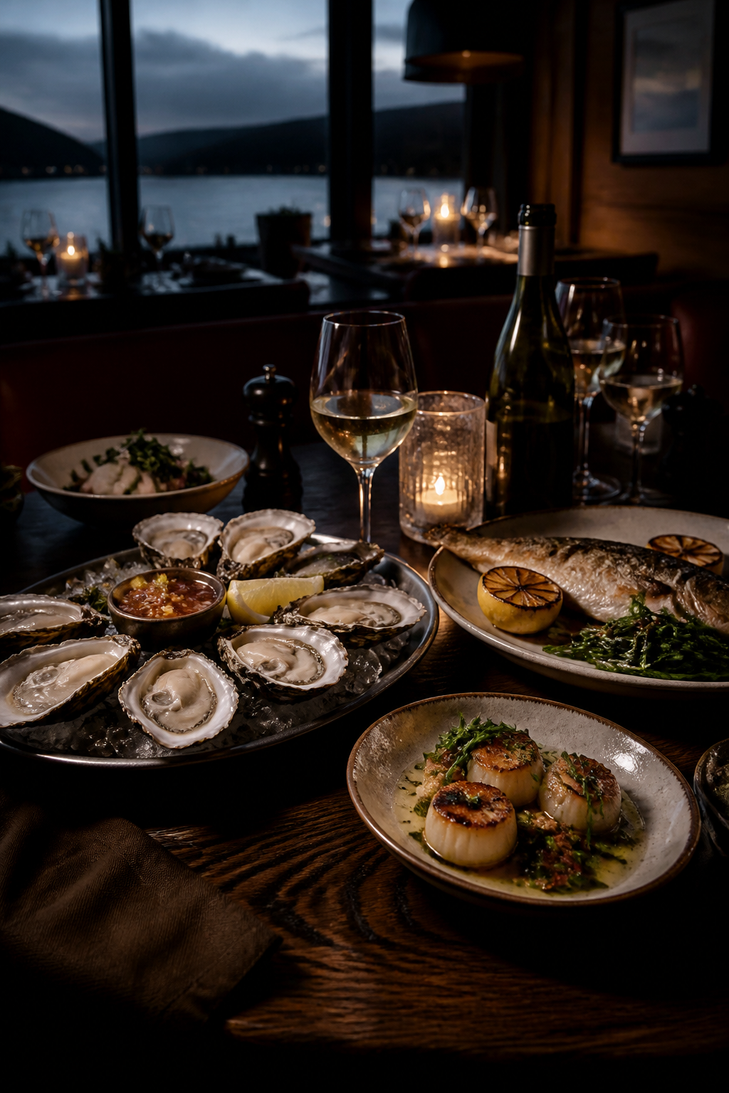 Candlelit seafood table with white wine