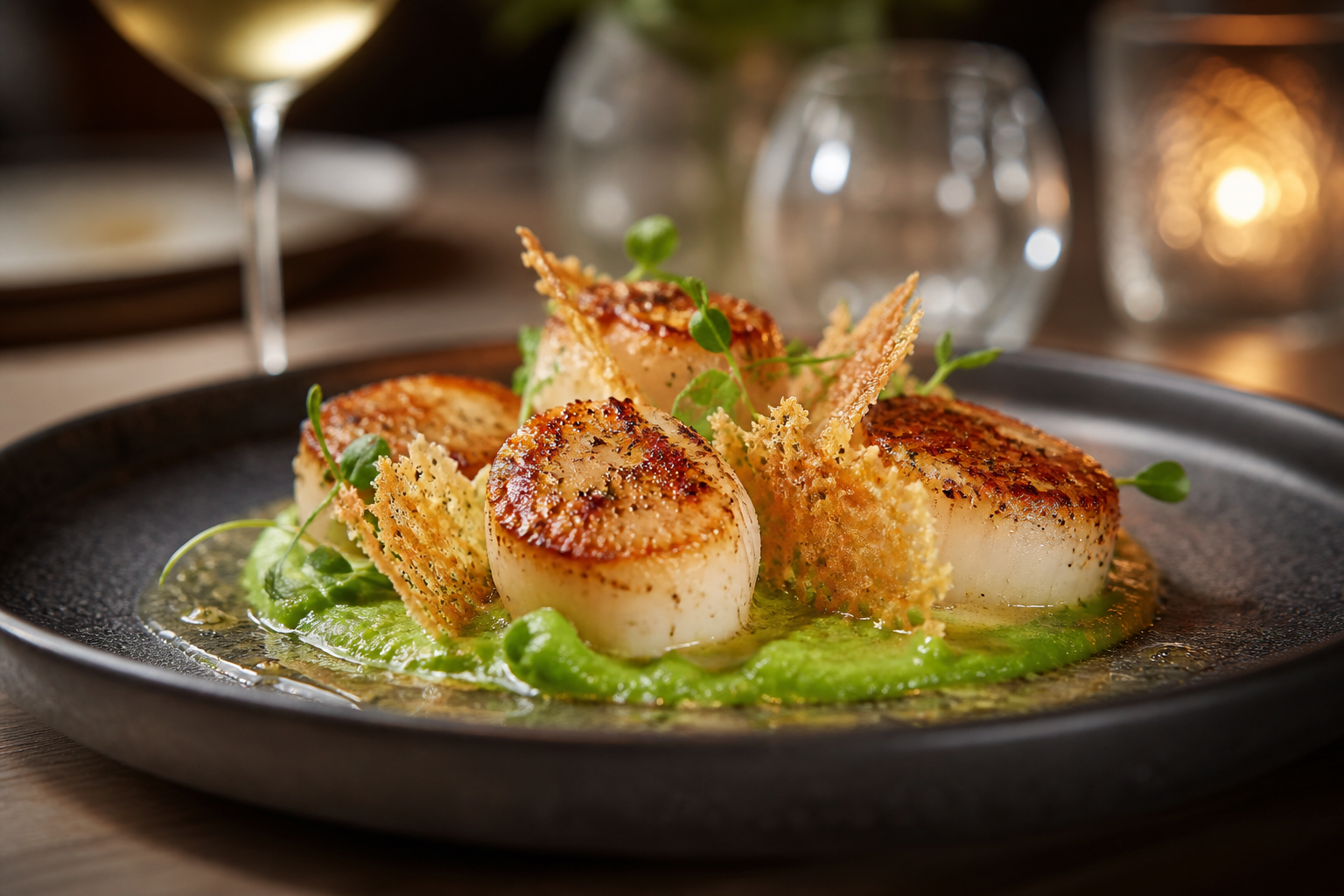 Pan seared scallops with pea puree